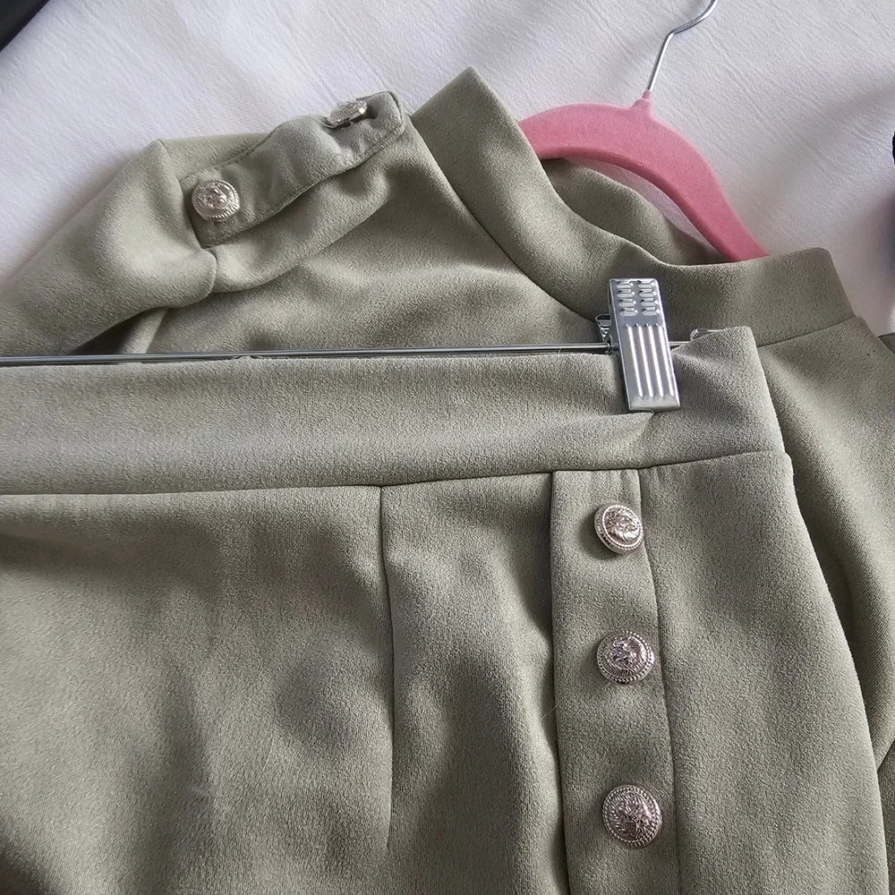 CBR Sage‎ Green Faux Suede 2 Piece Set Mock Neck Crop Top & Button Midi Skirt S